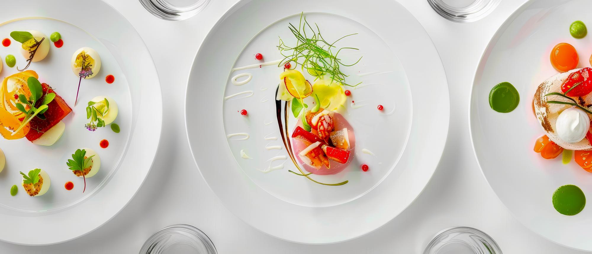 Stack of plated course dishes
